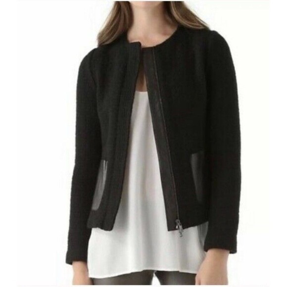 Vince Black Leather Trim Basket Weave Jacket Coat Zip Front Pockets Black Size 8 - Picture 1 of 10